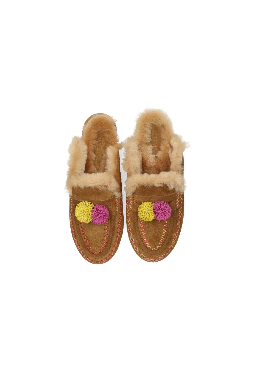 Top view of light brown Poelman NINA slippers with faux fur lining and pink-yellow pom-poms.