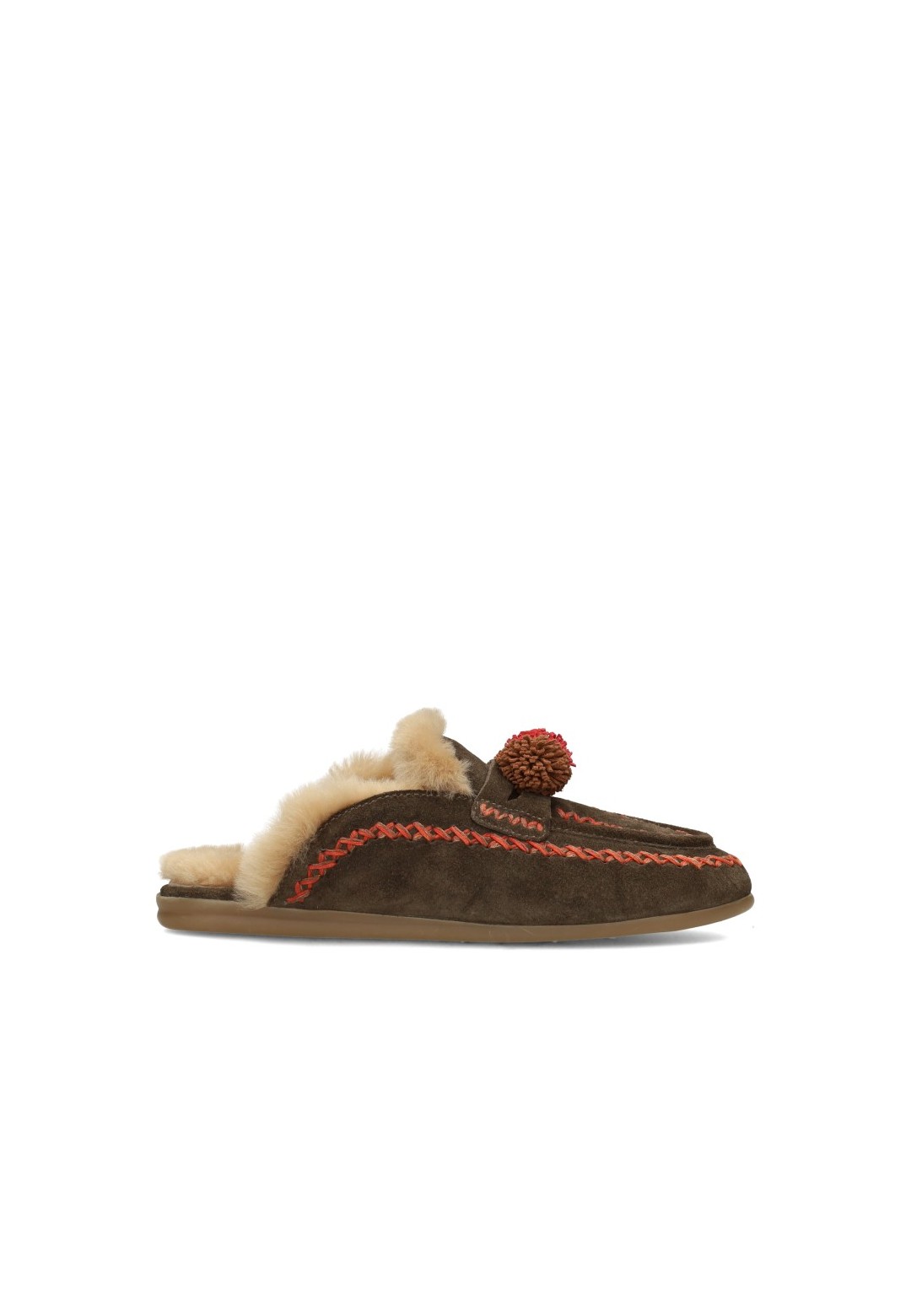 Brown Poelman NINA slippers with a knitted design, faux fur lining and red pom-poms, side view.