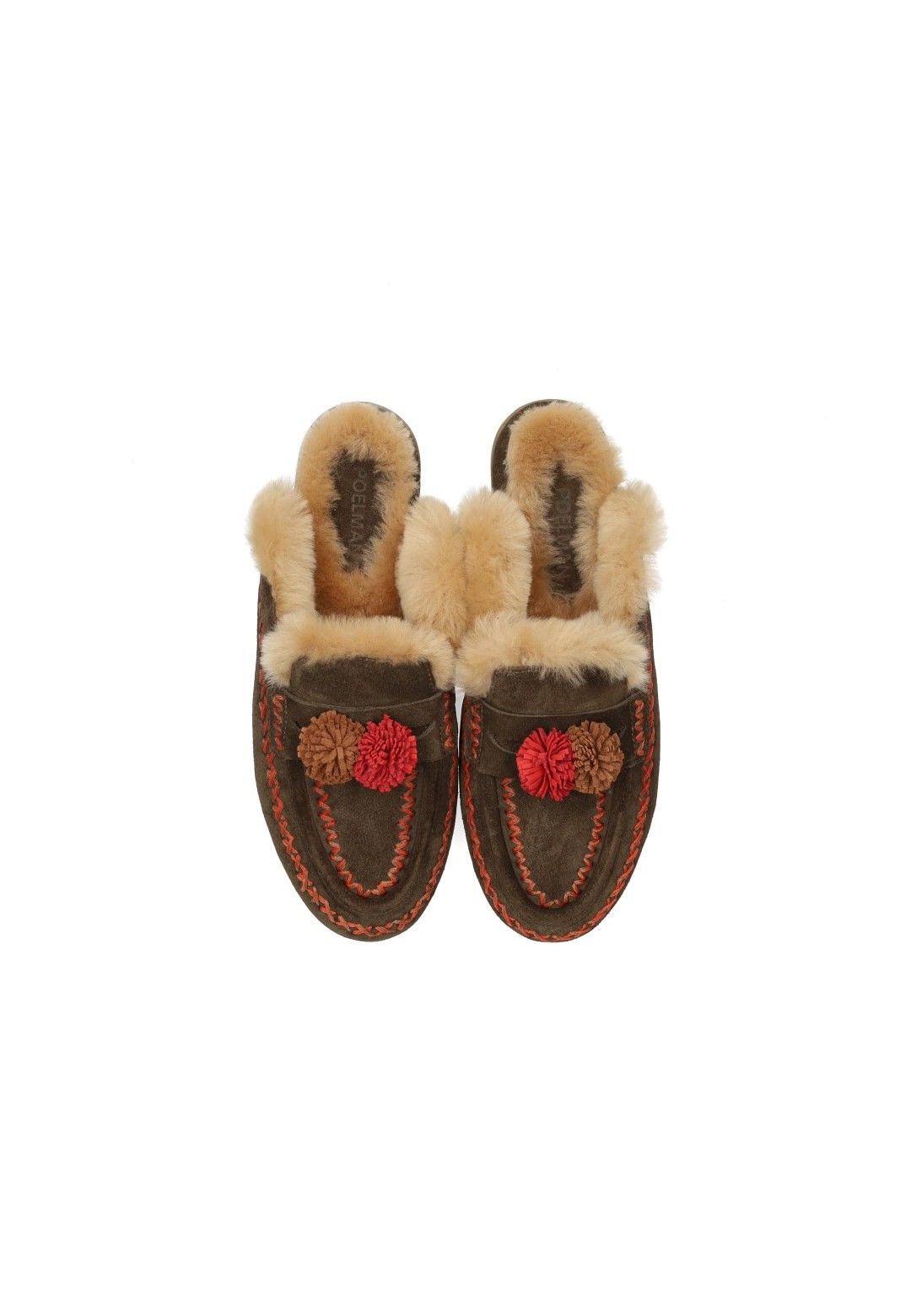 Top view of brown Poelman NINA slippers with faux fur lining and red pom-poms.