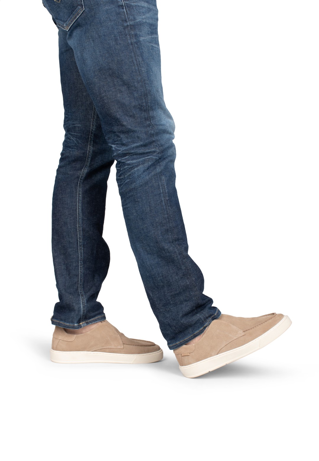 Model wearing Poelman Ace taupe suede loafers with jeans – side view