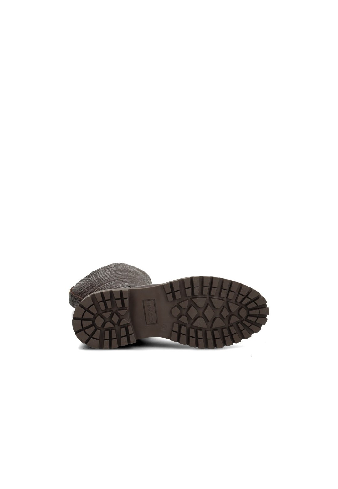 Black chunky tread outsole of HABOOB LUNA dark brown leather boots