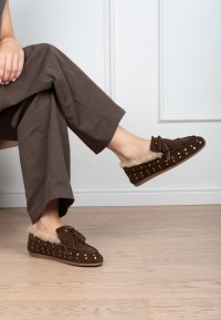Poelman LISA women's brown suede loafers styled with a casual outfit