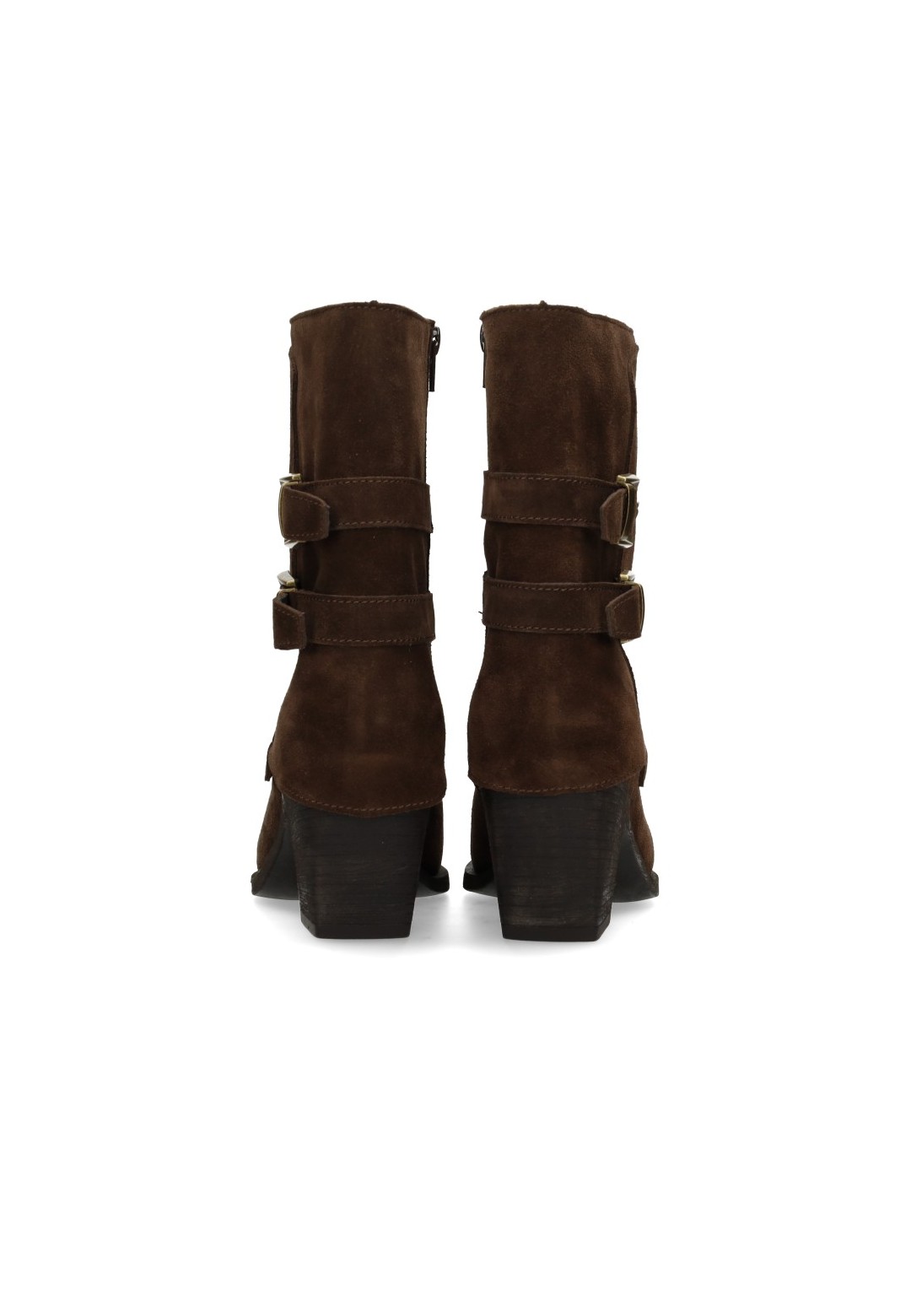 Poelman Rosa brown suede boots with double buckle straps – back view pair