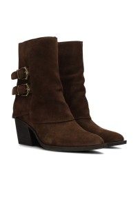 Poelman Rosa women's brown suede boots with double buckle straps – angled front view