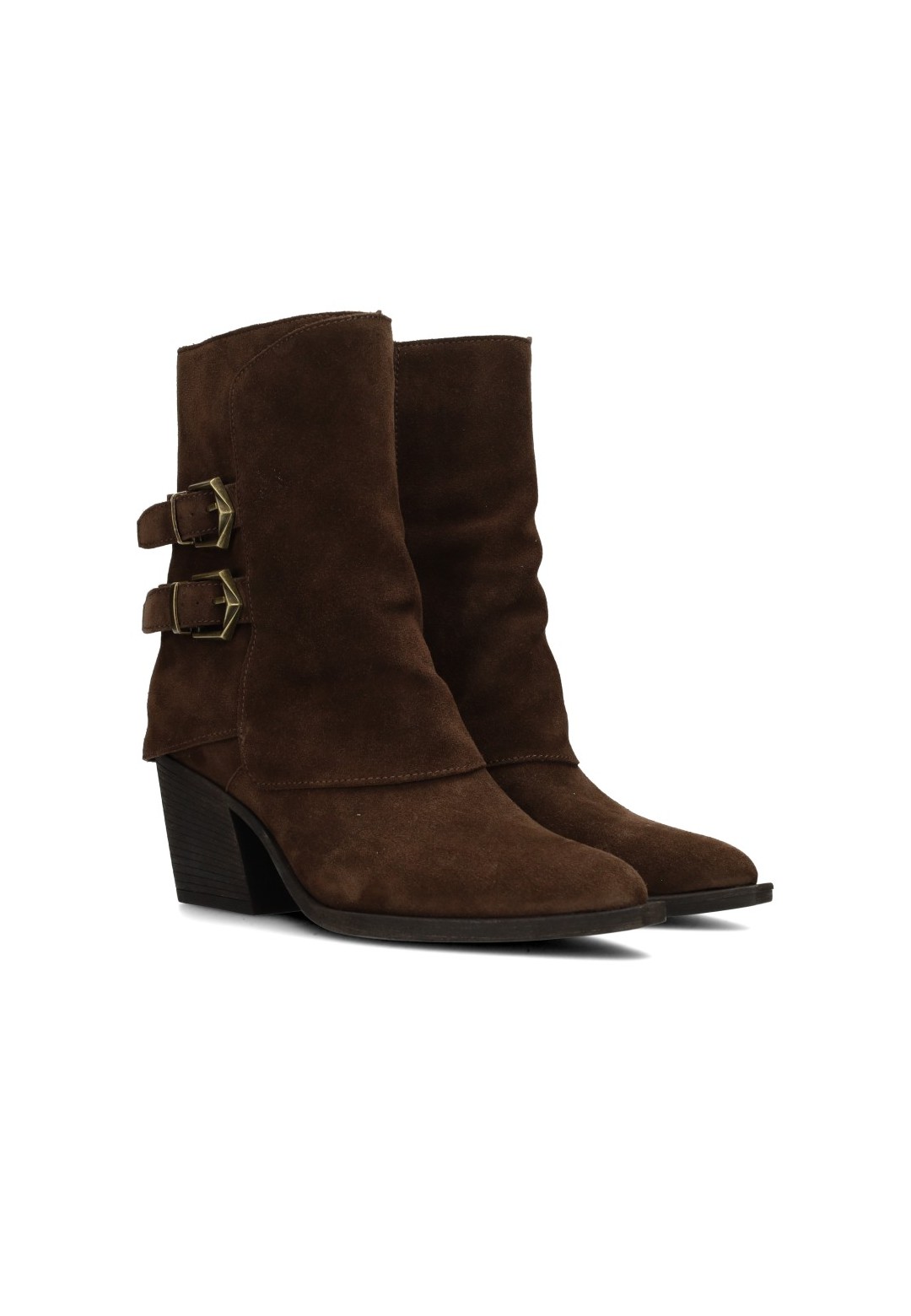 Poelman Rosa women's brown suede boots with double buckle straps – angled front view