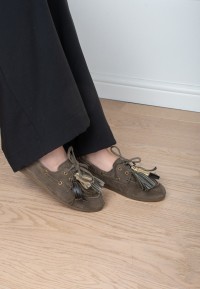Poelman VITA women's olive suede loafers worn on foot
