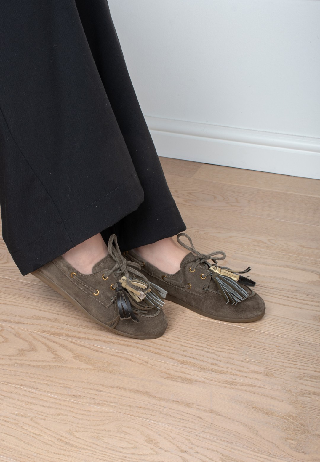 Poelman VITA women's olive suede loafers worn on foot