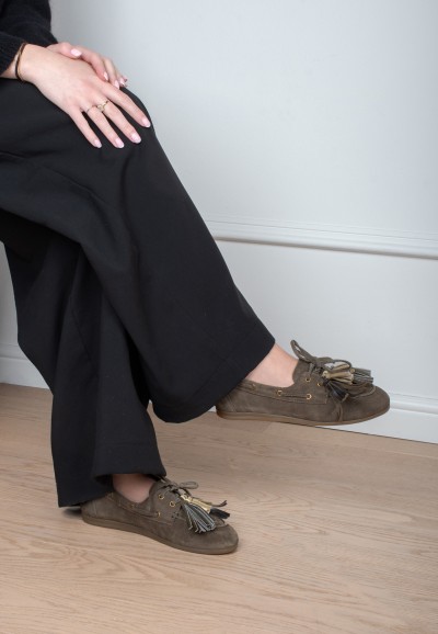 Poelman VITA women's olive suede loafers worn on foot