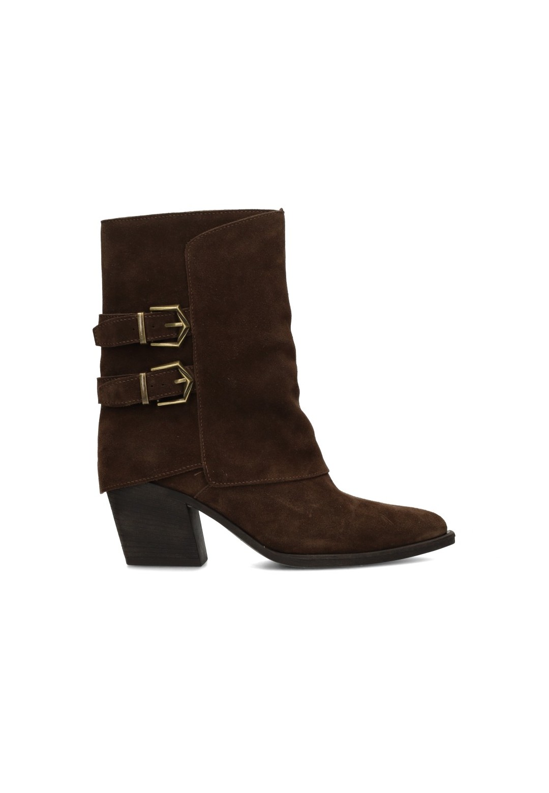 Poelman Rosa women's brown suede boots with double buckle straps – side view product