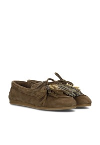 Angled front view of the Poelman VITA women's olive suede loafers