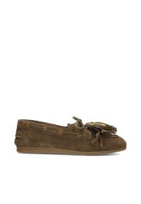 Poelman VITA women's loafers in olive suede with fringe and metallic bead details