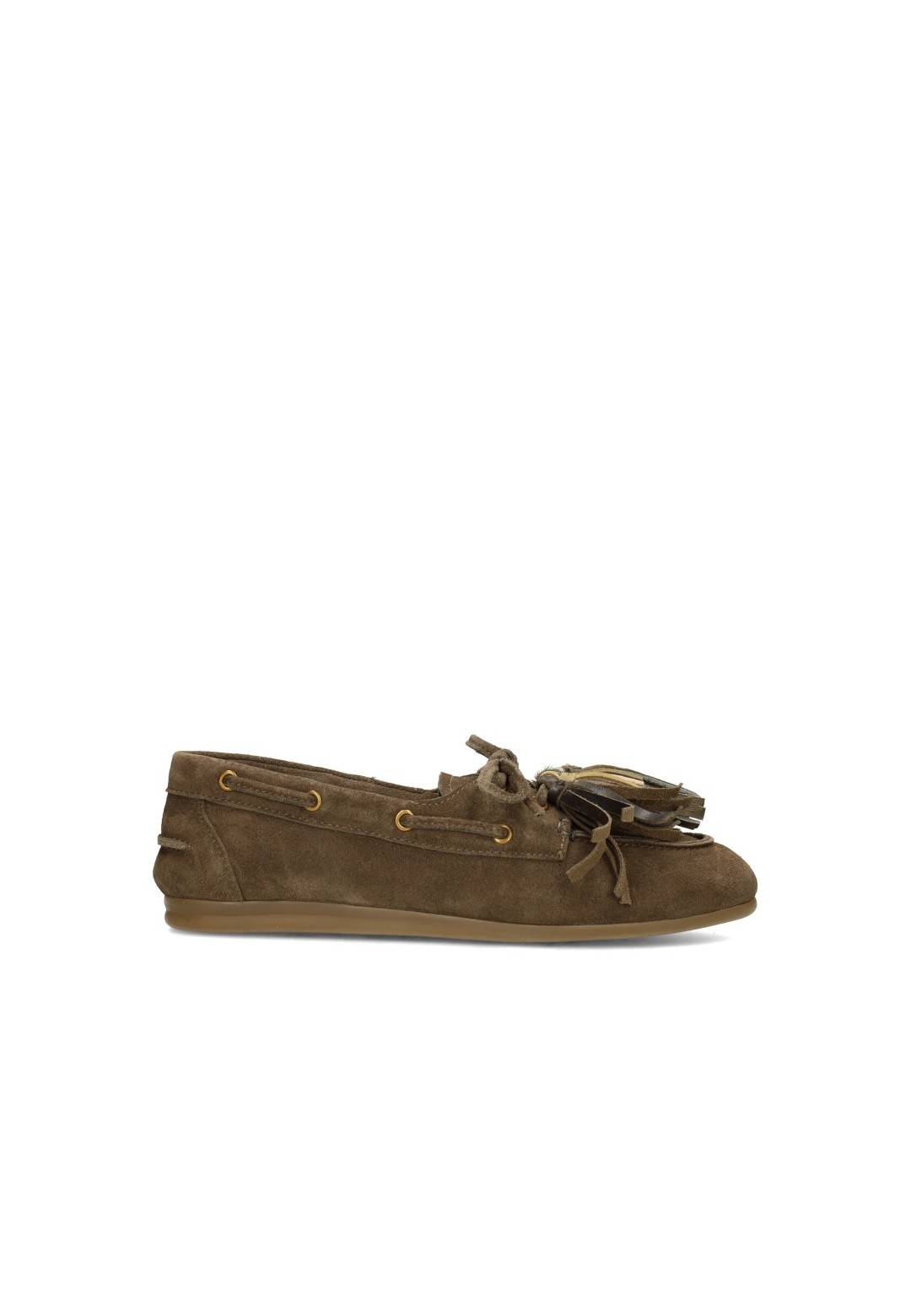 Poelman VITA Damen-Loafer aus olivgrünem Wildleder mit Fransen und metallischen Perlendetails