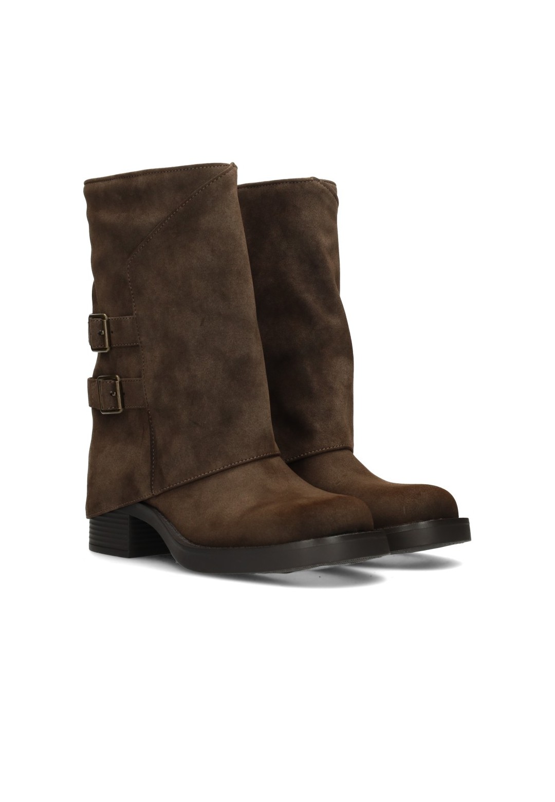 POSH By Poelman Shanti women's brown suede boots with buckle detail – angled front view
