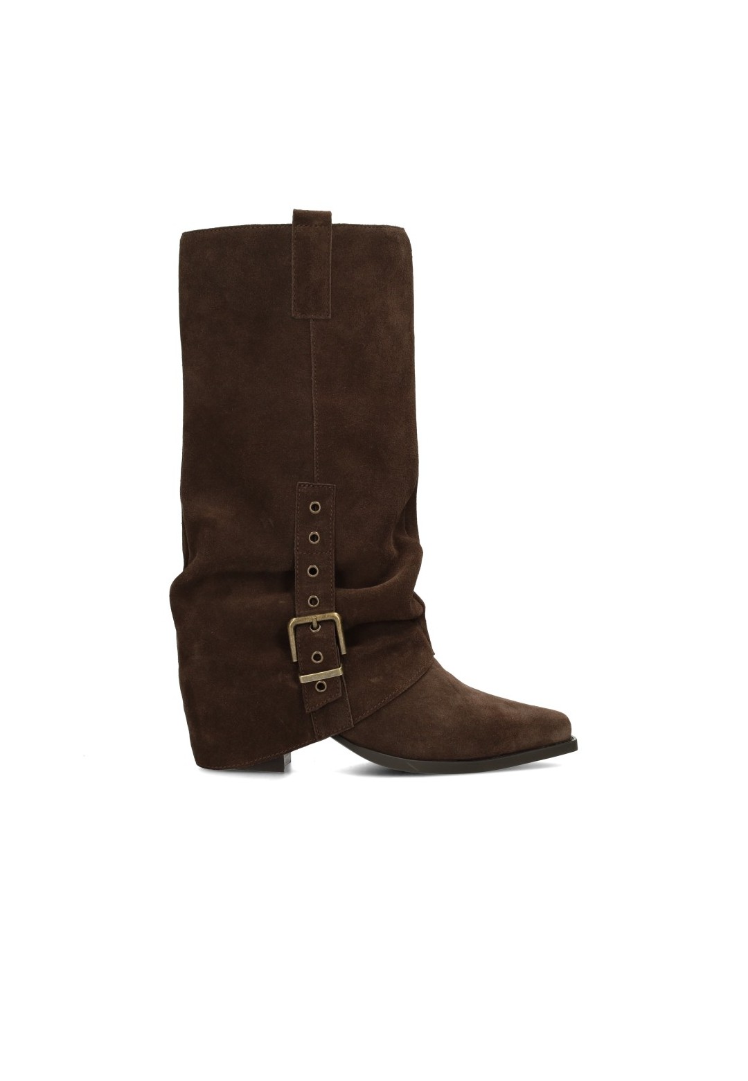 EMMY braune Wildlederstiefel von Poelman mit Schnallendetail – Seitenansicht