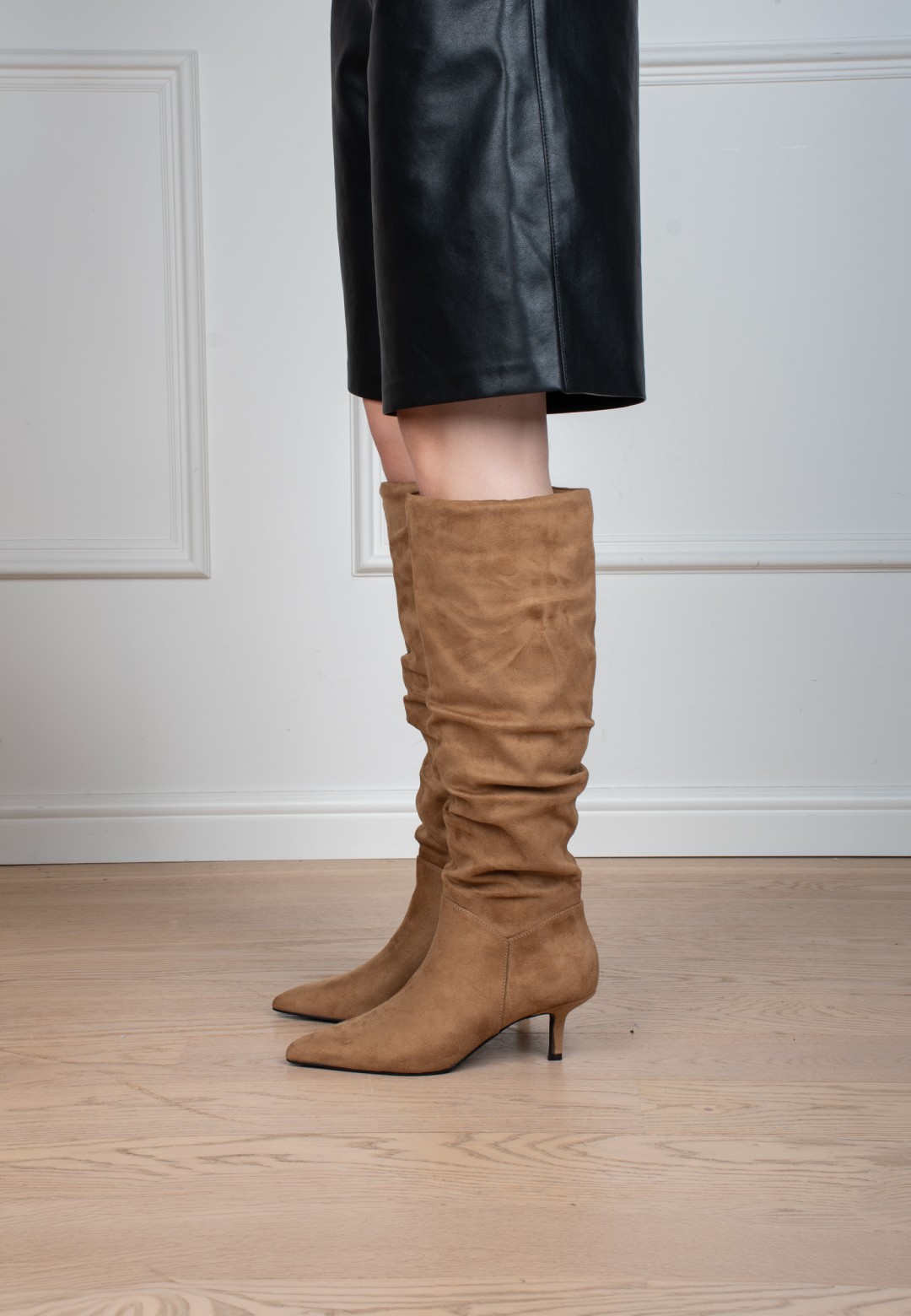 ANITA women's heeled brown faux suede boots – worn view