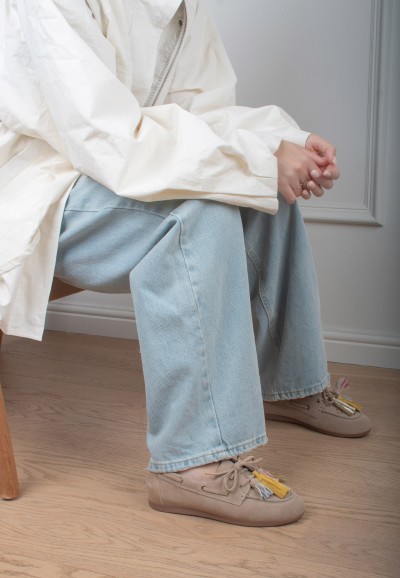 Poelman ANNE beige women's loafers styled with jeans