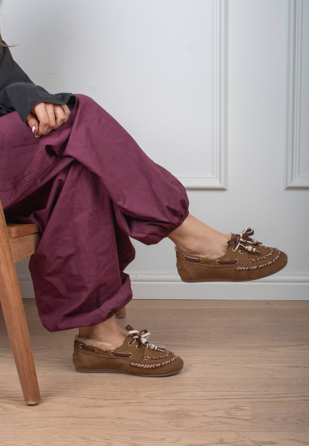 Poelman KYRA cognac women's loafers styled in a casual outfit