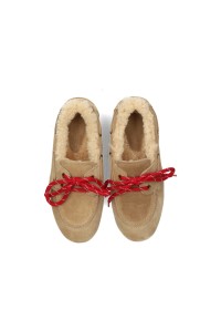 Top view of beige Poelman RAE girls’ loafers with red laces