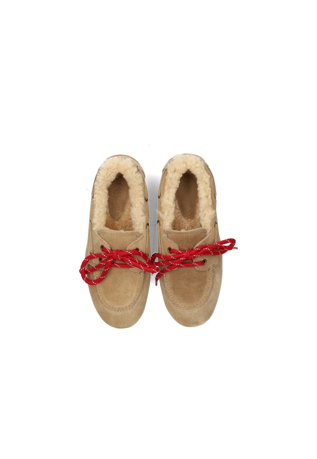 Top view of beige Poelman RAE girls’ loafers with red laces