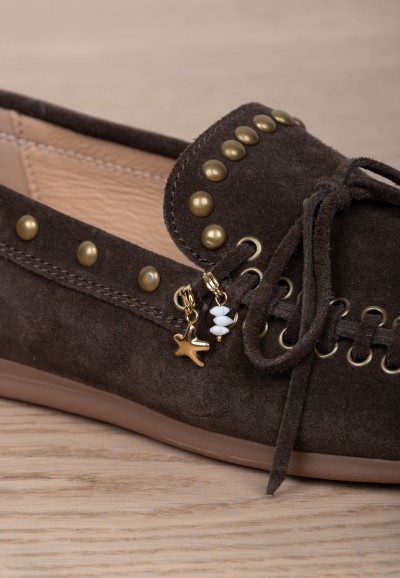 POSH by Poelman star shoe charm on brown suede loafer with studs