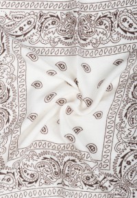 Detail of Poelman off white scarf with brown paisley bandana print