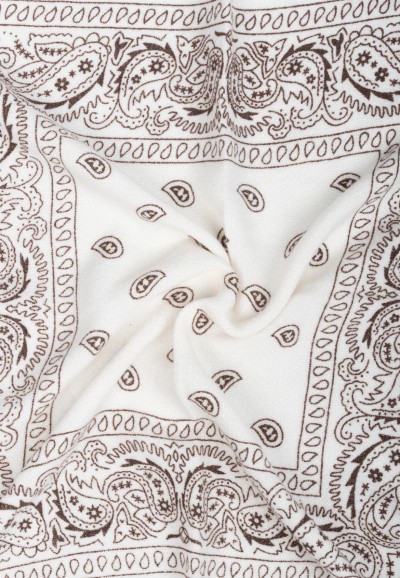 Detail of Poelman off white scarf with brown paisley bandana print