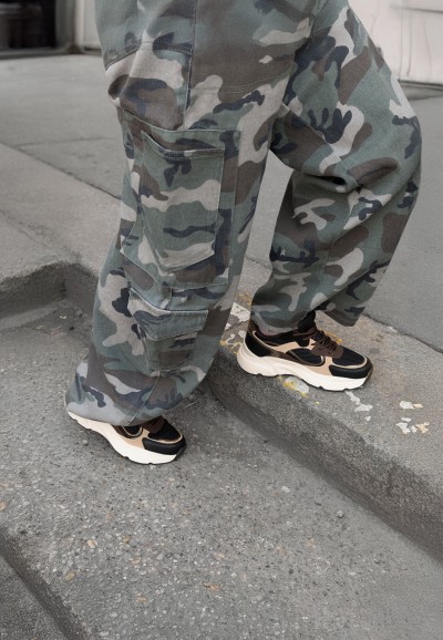 POSH by Poelman ANGY black combination sneakers with chunky sole styled with camouflage trousers