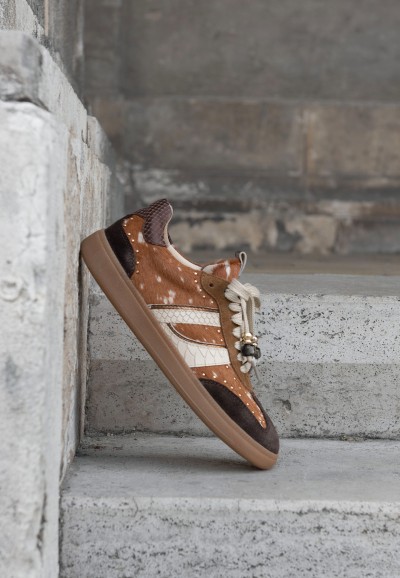 Side view of Haboob SKYE brown women’s sneaker with animal print and contrasting details