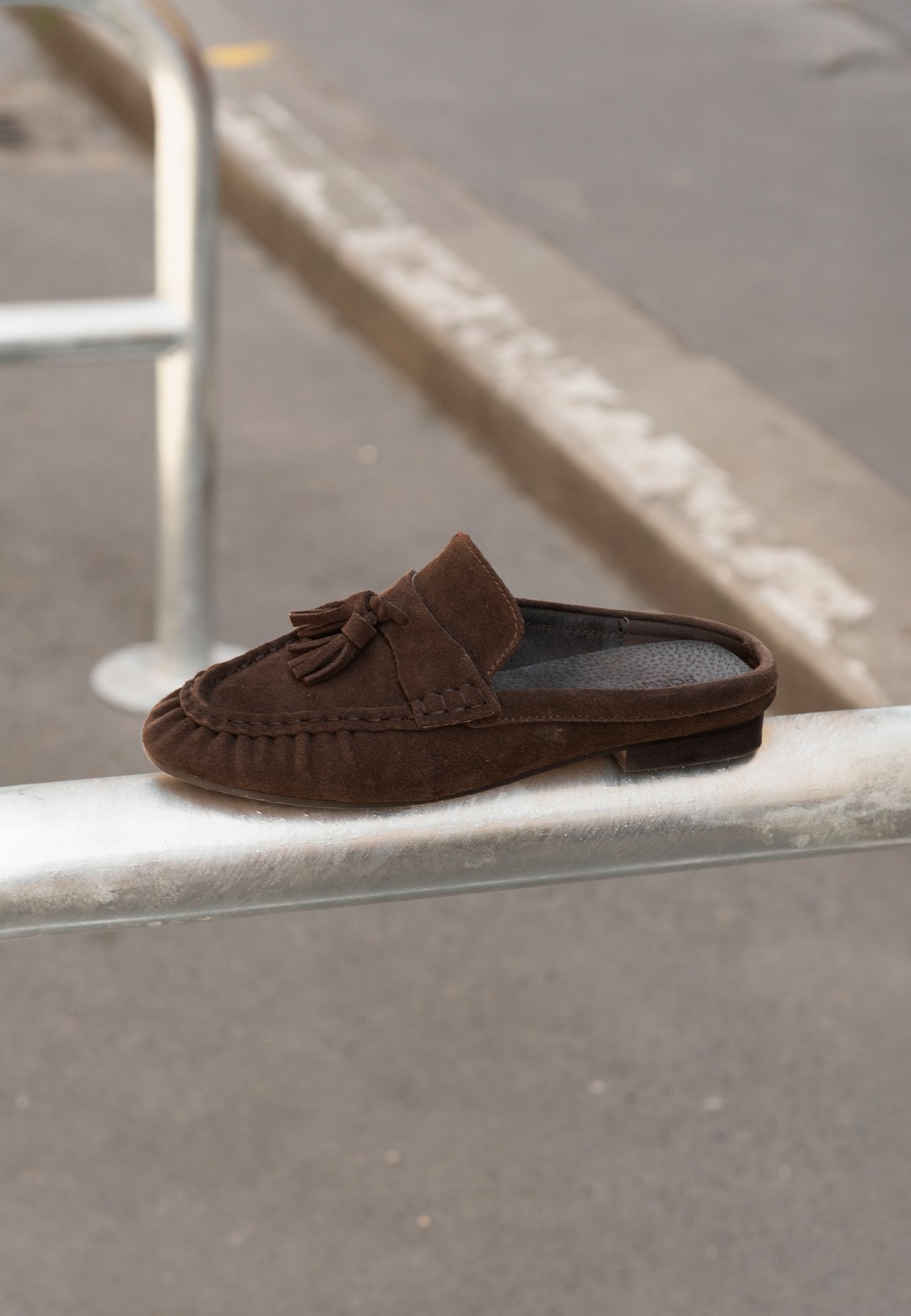 POSH by Poelman LOTTIE brown loafers with buckle details on the street