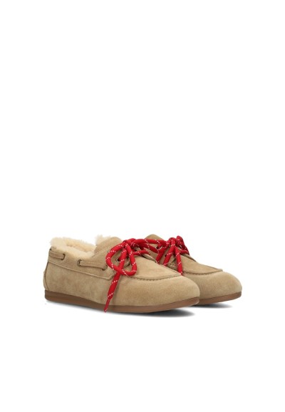 Beige Poelman RAE loafers for girls with red lace details