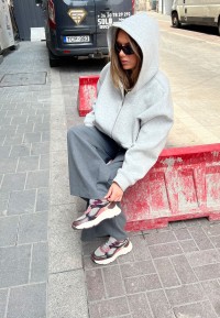 POSH by Poelman ANGY women's sneakers in burgundy and beige styled with a grey casual outfit