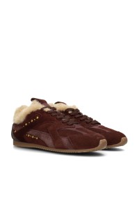 Front angle: HABOOB TAMARA burgundy suede women's sneakers with teddy details, angled front view