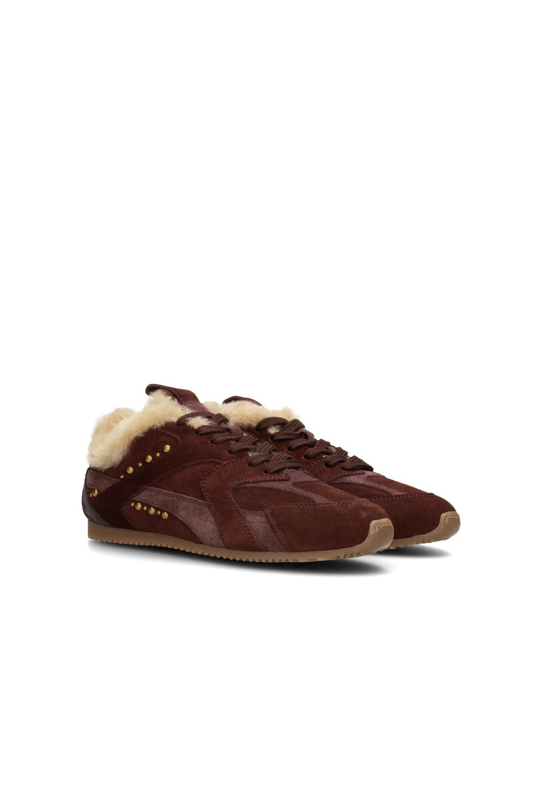 Front angle: HABOOB TAMARA burgundy suede women's sneakers with teddy details, angled front view