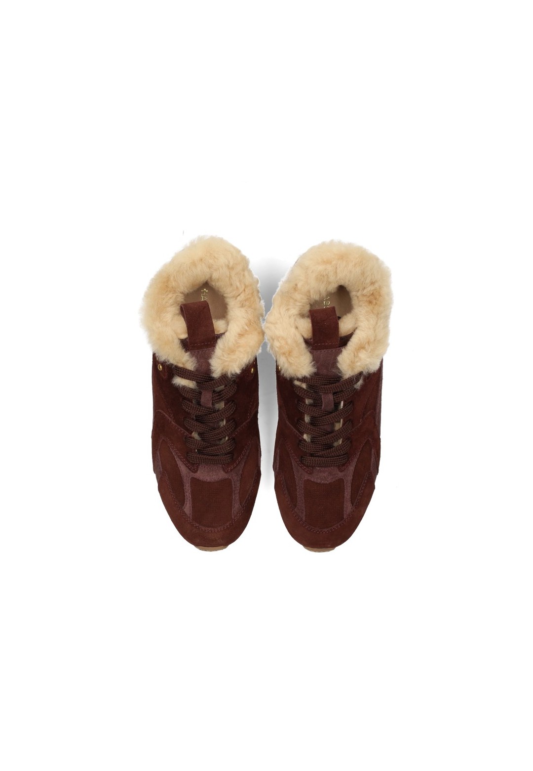 Top view: HABOOB TAMARA burgundy suede sneakers with laces and teddy trim, top view