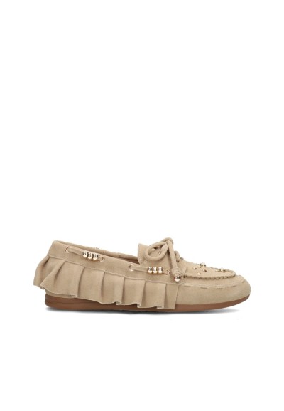 Poelman ORELIA dames loafers in zandkleurig suède met franjes en goudkleurige details – zijaanzicht