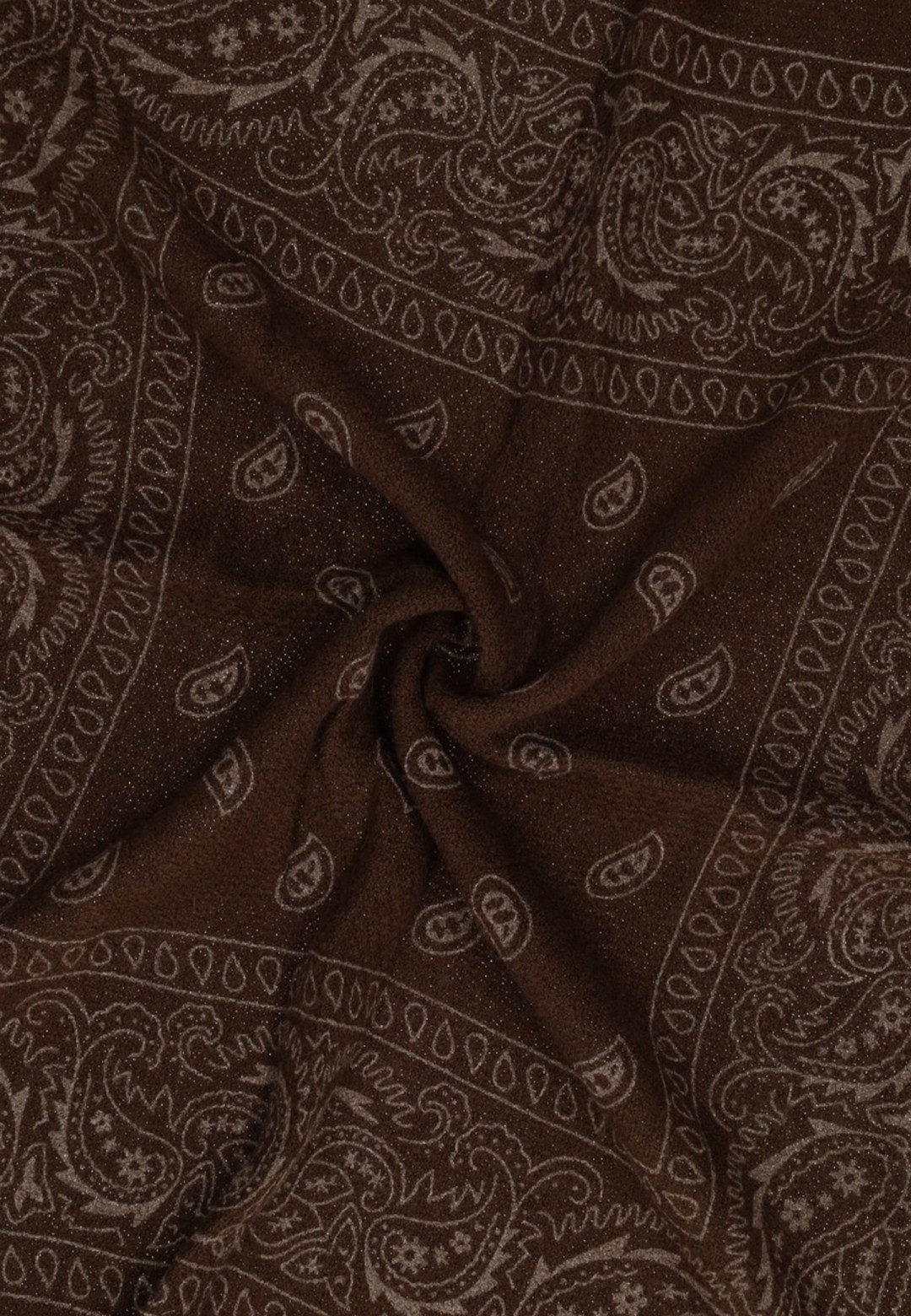 Detail of Poelman brown women’s scarf with tonal paisley bandana print