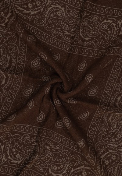Detail of Poelman brown women’s scarf with tonal paisley bandana print