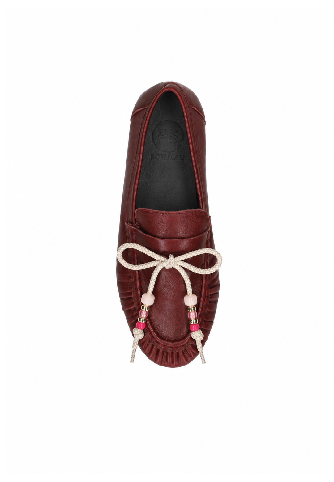 Poelman donkerrode dames loafer met beige veters en roze kralen