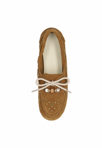 Poelman brauner Damen-Loafer mit beigen Schnürsenkeln und dekorativen Perlen