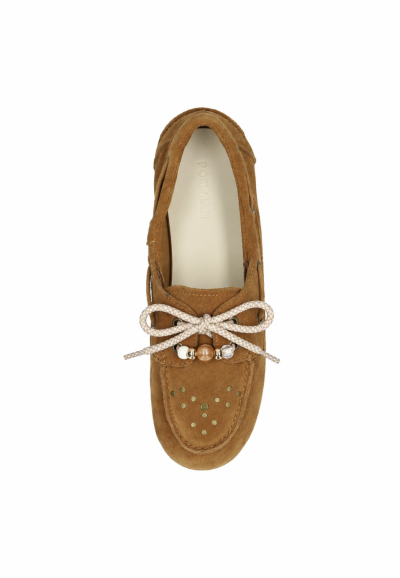 Poelman brown women’s loafer with beige laces and decorative beads