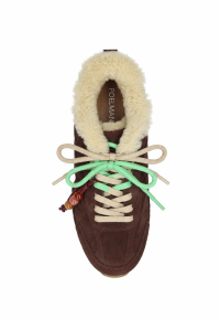Brown Poelman sneaker with medium green and beige shoelaces and decorative beads.