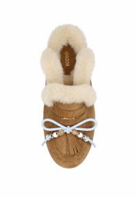 Short light blue 53 cm laces styled on a brown loafer