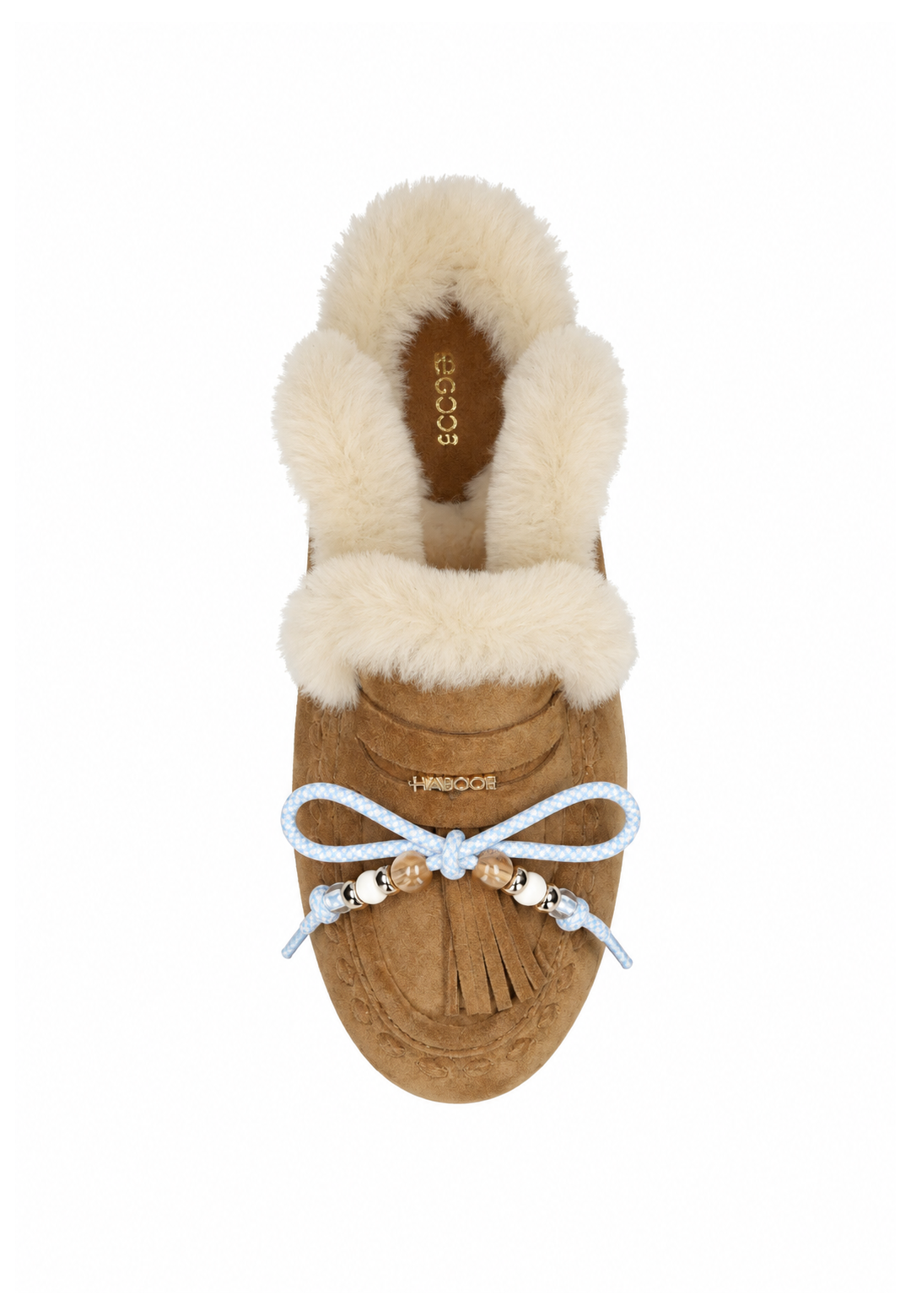 Short light blue 53 cm laces styled on a brown loafer