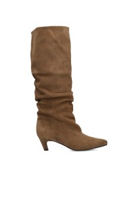 Poelman MAUREEN braune Damenstiefel aus Wildleder mit hohem gerafftem Schaft und spitzer Zehenpartie