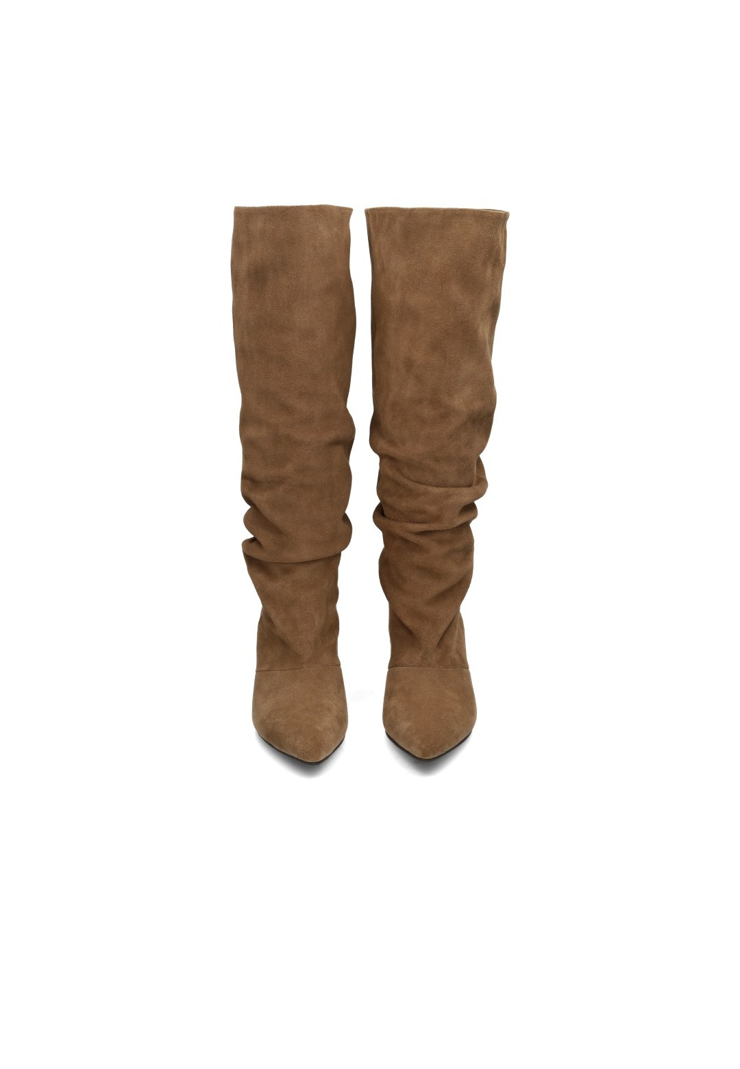 Vorderansicht der Poelman MAUREEN braunen Wildlederstiefel mit gerafftem Schaft