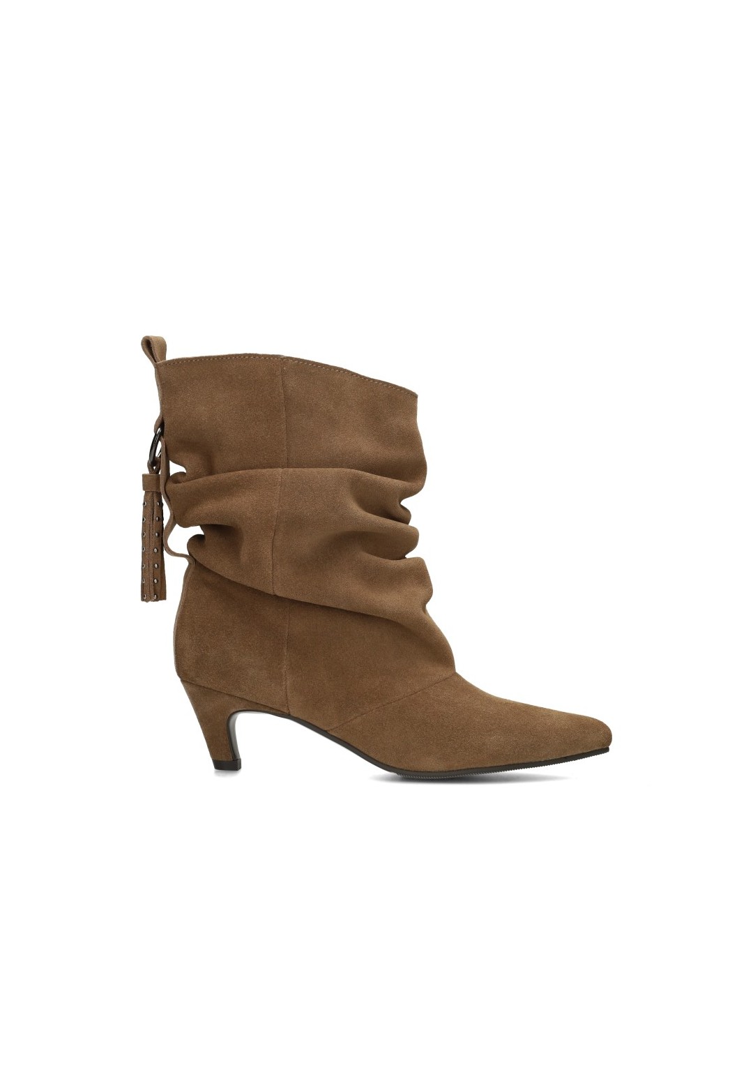 Poelman PRUE brown suede women's boots with pointed toe and ruched shaft