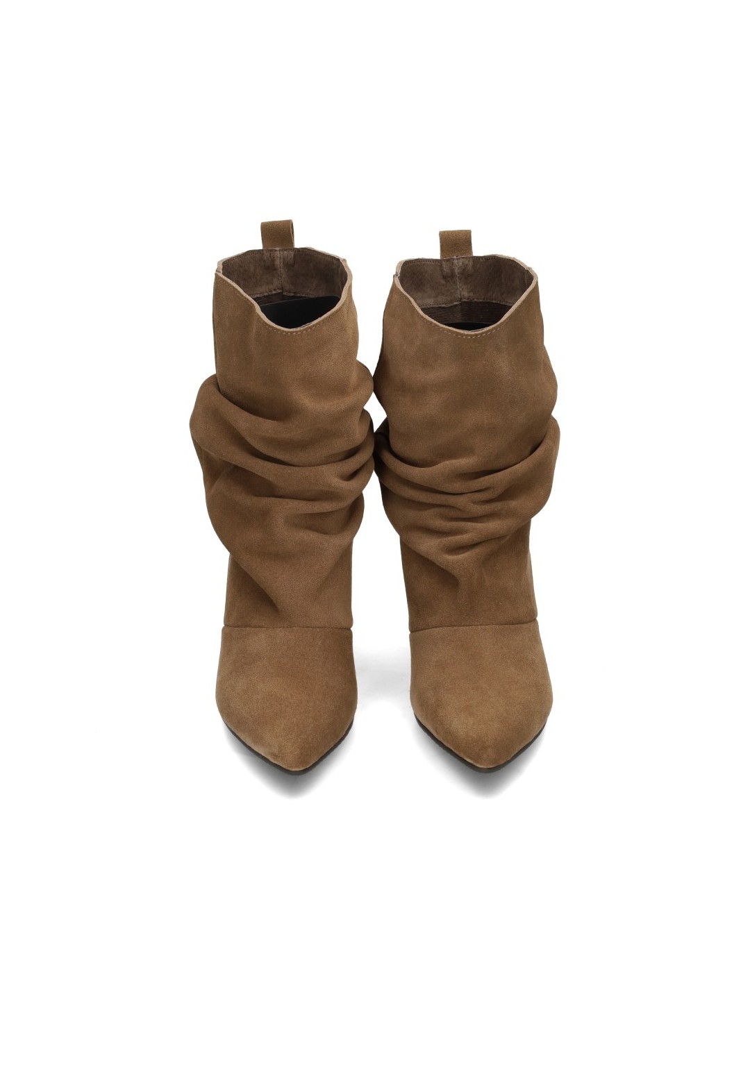 Poelman PRUE brown suede boots with pointed toe and ruched design