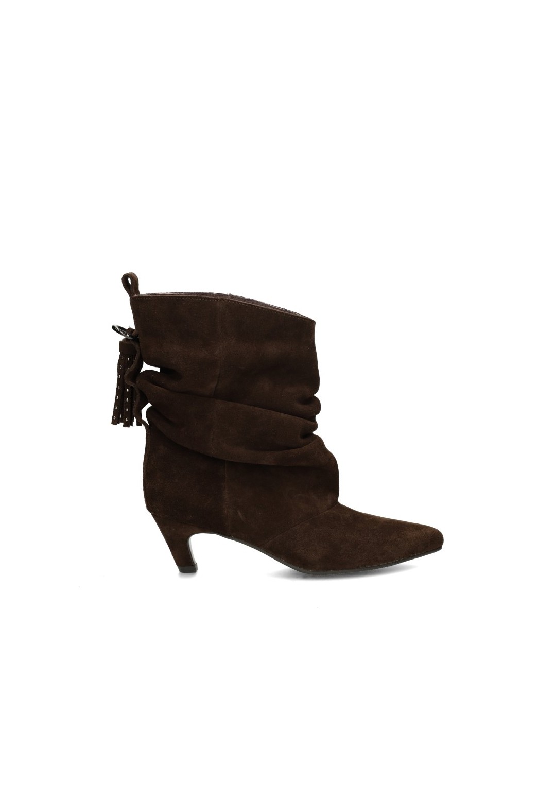 Poelman PRUE dark brown suede women's boots with pointed toe and ruched shaft
