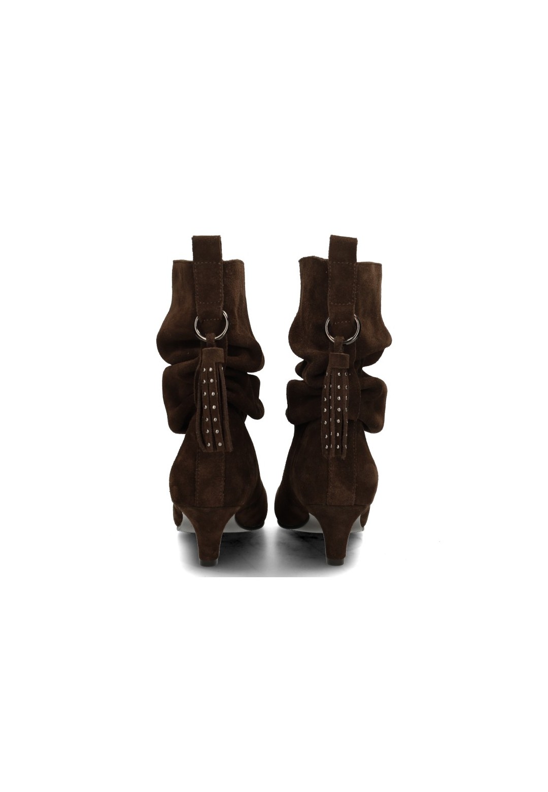 Back view of Poelman PRUE dark brown suede women's boots with detailing
