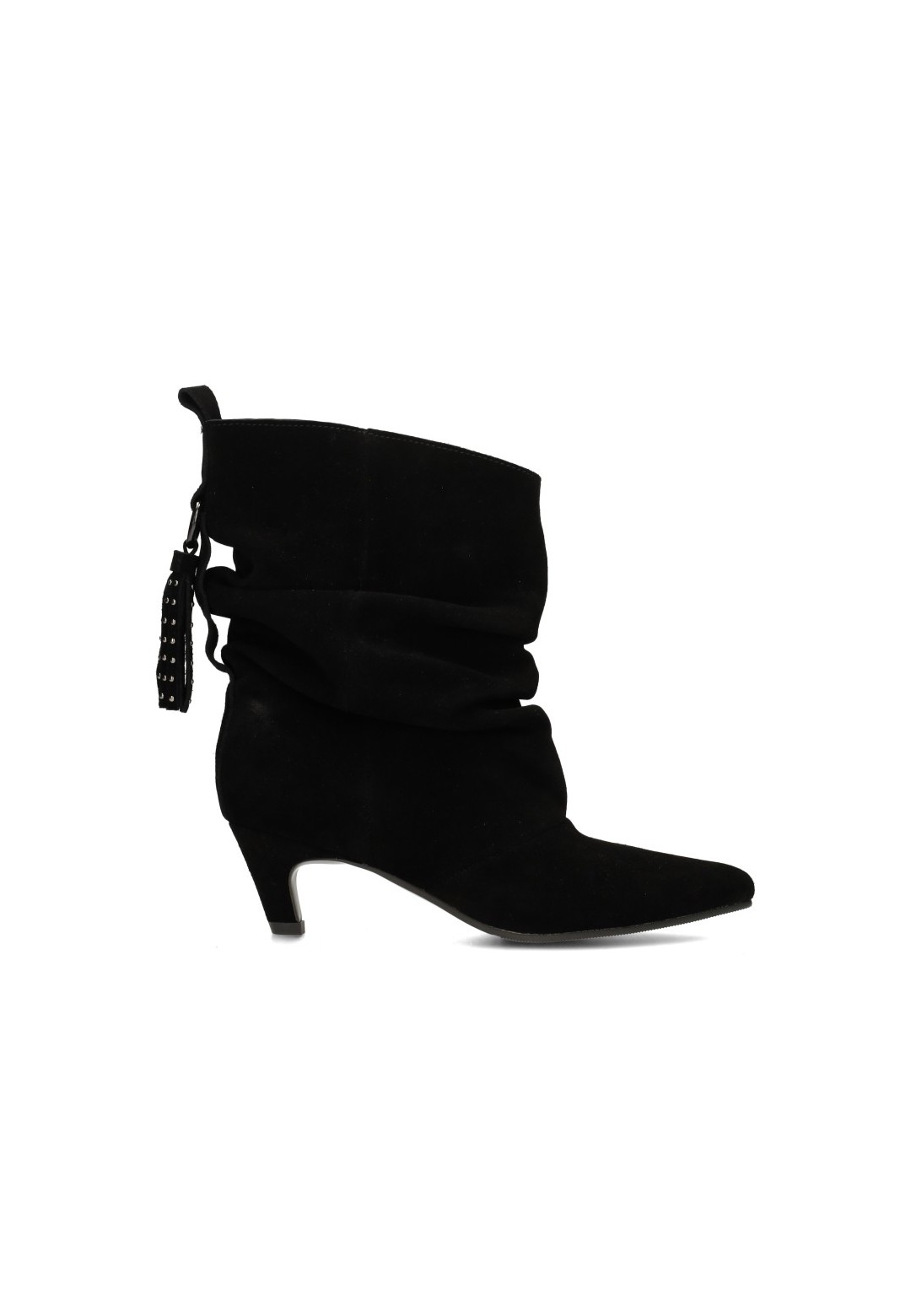 Poelman PRUE black suede women's boots with pointed toe and ruched shaft